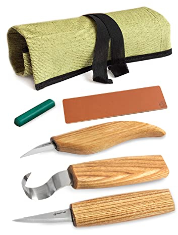 BeaverCraft S17 Set di utensili per intaglio del legno per intaglio di cucchiai Kit di 3 coltelli in un rotolo di utensili Coltello a uncino per intaglio del legno Coltello Sloyd Coltello per dettagli