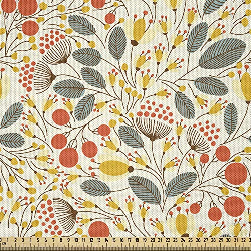 ABAKUHAUS Blumen Stoff als Meterware, Hand gezeichnete Art Wachstum, Seidiger Satin Stoff Zum benähen von Heimtextilien, 2M (148x200cm),Senf Orange