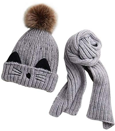 JFAN Set de Bufanda Gorro Niños Niñas Sombrero de Invierno para Niños Forro de Vellón 2-8 años Gorro de Pompón de Piel para Niños Pequeños Conjunto de Bufanda Sombreros de Punto(Gris)