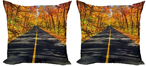 Ambesonne Fall Throw Pillow Cushion Cover Pack of 2, Endless Rural Road Through Vibrant Treed Corridor Landscape Scenic Countryside View, Zippered Double-Side Digital Print Decor, 18, Multicolor