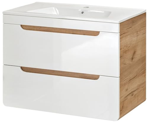 Lomadox Waschtischunterschrank mit 81 cm Keramikbecken LUTON-56, Hochglanz weiß mit Wotan Eiche Nb., B/H/T ca. 81/60,8/46 cm