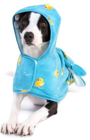 Barkbox Dog Bathrobe Fast Drying with Hook and Loop Closure & Wrap Tie Snuggle, Cute Dogs Clothes, Easy to Clean, Machine Washable, Dog Coats and Tumble Dry Low - Rubber Duck, Medium