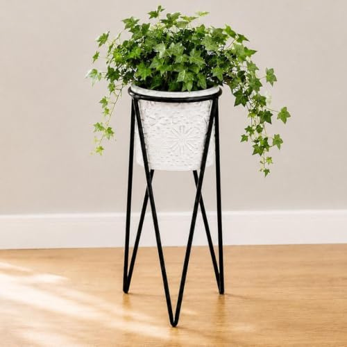 DanDiBo Blumenständer mit Topf Metall Schwarz Weiß Rund 96043 S 50 cm Pflanzenständer Blumenhocker Beistelltisch Blumensäule Modern Pflanzenhocker