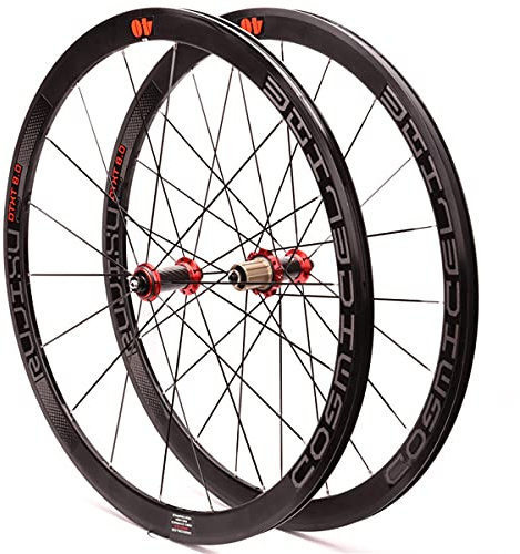 700c Rennrad-Laufradsatz Rennrad Laufrad Doppelwandige Felgen 40mm 8-11 Geschwindigkeit Kassette Kohlefaser-Nabe Schnellspannrad Felgenbremse 1900g (Color : Red hub, Size : 700C)