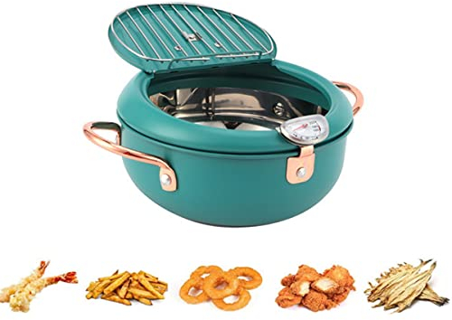 Olla freidora profunda, sartén tempura acero inoxidable con termómetro y tapa rejilla escurridora para frituras caseras