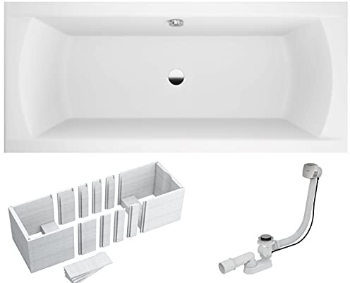VBChome Badewanne 160x75 cm Acryl SET Wannenträger Siphon Wanne Rechteck Weiß Design Modern Styroporträger Ablaufgarnitur in Chrom Alcaplast für 2 Personen