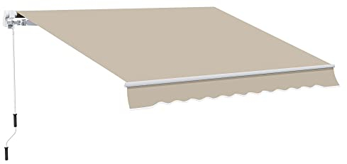 Outsunny Gelenkarmmarkise mit Handkurbel höhenverstellbar Markise Sonnenschutz UV-beständigl Balkonmarkise inkl. Wandhalterung Sonnenmarkise 395cm breit für Terrasse Balkon Weiß+Beige