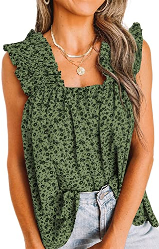 PRETTYGARDEN Womens Blouse Sleeveless Boho Floral Tank Tops Summer Casual Sleeveless Shirts Tops Pleated Smocked Tank T Shirts (Green, Large)