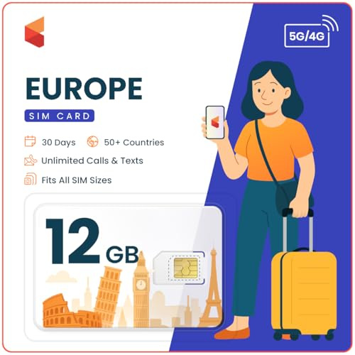 Europa & UK Reise-SIM-Karte | Internetdaten | unbegrenzte Anrufe und SMS (12 GB Internetdaten)