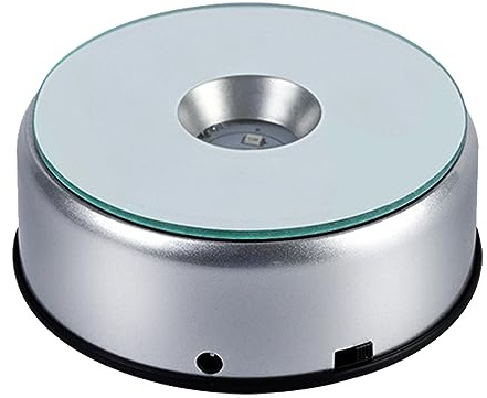 HugKou 4 7 LED Display Turntable Base for Crystals Glass Art, 7 Colorful Light Rotating Crystal Display Base Stand with AC Adapter, Led Lighted Silver