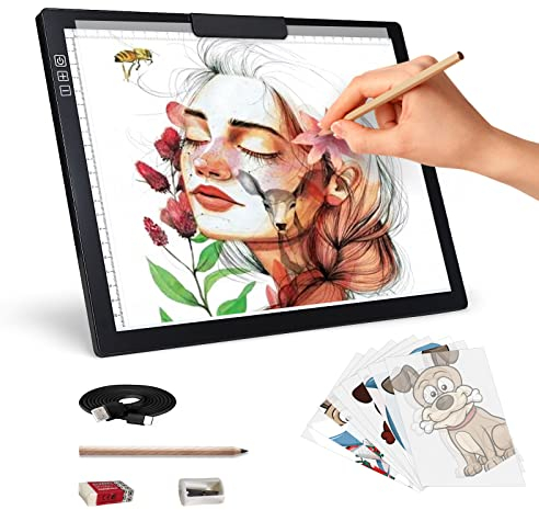 Wiederaufladbar A4 Leuchttisch mit clip,batteriebetrieben Led Licht Pad 6 Helligkeitsstufen Leuchttafel zum Nachzeichnen,Wiederaufladbare Leuchtplatte für Zeichnung,Diamond Painting, Malen,Animation