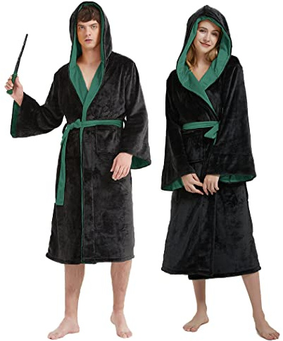 Unpifolov Men and Women Flannel Bathrobe Four College Styles Magic Robe Nightgown Witch Cosplay Magical Hooded Cloak Green