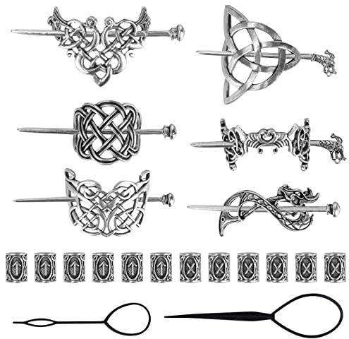 BOJVESH Keltische Haarspangen, Retro-Silber, keltischer Knoten, minimalistische Vintage-Metall-Haarnadeln mit 12 Wikinger-Haarperlen, Haarschmuck für Frauen und Mädchen, 6 Stück
