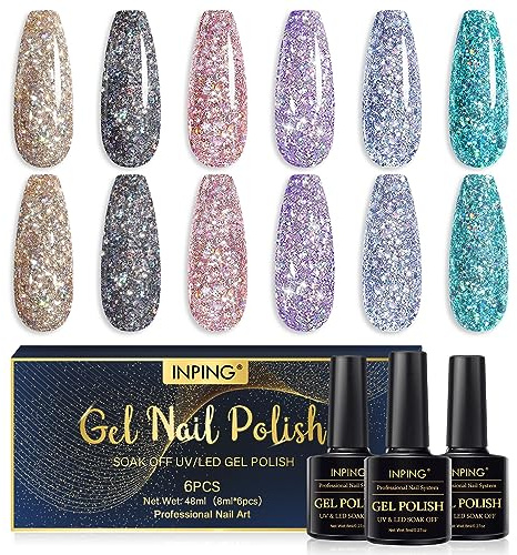 INPING UV Nagellack Glitzer 6 Farben Gel Gelnägel Nagellack Set 8ML | Funkelnde Glänzendes Schwarz Gold Lila Rosa Blau Grün Dazzling Diamant Gelnägel Soak Off UV für Frauen DIY Nail Art Salon