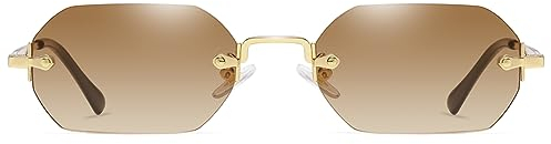 Ggpyyon Retro Rechteck Rahmenlose Sonnenbrille für Damen Herren Trendy Metall Gold Polygon Randlose Sonnenbrille(Gold/Farbverlauf Braun)