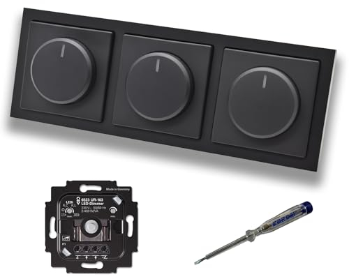 Busch Jäger 6523UR-103 (3 Stück) LED Drehdimmer Dimmer + Dimmerscheiben 6540-885-102 in Future Linear schwarz matt im 3-fach Rahmen inkl. EBROM Phasenprüfer zur Montage der Geräte 6523 UR-103