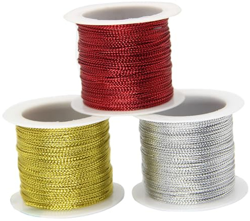 NUOBESTY 20m Polyester Glitter Tag String Sturdy and Easy to Store Gold and Silver Wire Rope Cords 3pcs for Beading and Christmas Tree Ornaments for DIY Garment Sewing and Wrapping
