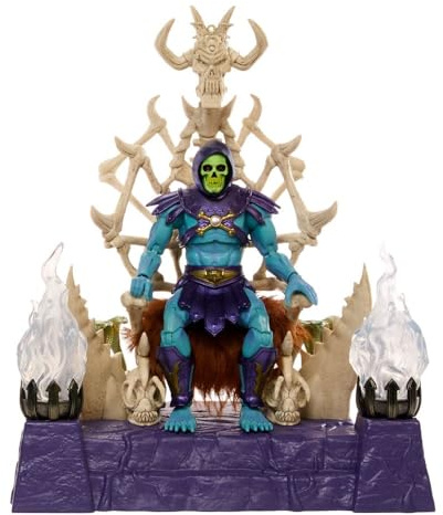 Masters of the Universe Masterverse Skeletor-actionfigur och tron i förpackning, MOTU-leksak, brinnande eldar, avtagbar huva och cape, två stavtillbehör, HXX63