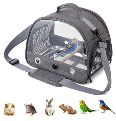 Vogel-Reiseträger mit Edelstahl-Tablett, leichter, atmungsaktiver Papageienkäfig mit abnehmbarem Holzständer und langem Schultergurt, Vogelkäfige für Sittiche, Wellensittiche grau