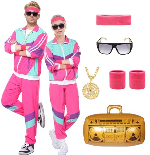 Angenster 80er Jahre Outfit Herren Damen, 80er 90er Outfit 80er Jahre Kleidung Retro 80s Outfit mit Schweißbänder Brille Halskette Ballon, 90er Jahre Outfit für Karneval Halloween (Rosa, XL)