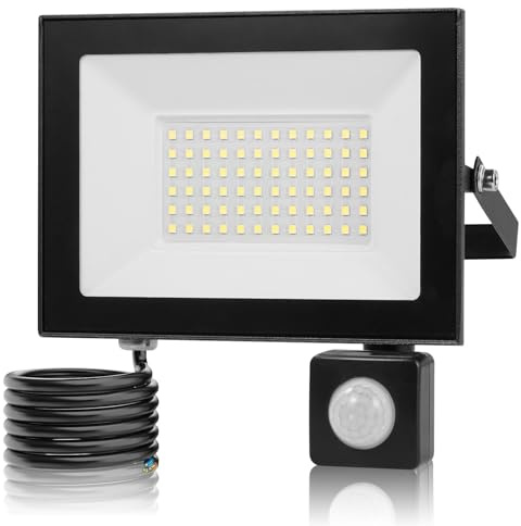 Bellanny Security Lights Outdoor Motion Sensor 50W 5000LM PIR Flood Light, IP66 Waterproof Outside Lights - 6500K Cool White Floodlight with Sensor, Wall Light Mains Powered for Garden Backyard Garage