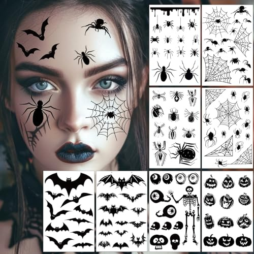 Halloween Tattoos, 8 Blatt große Größe 3D Realistisch Spinnen Fledermaus Tattoo Gesicht, Gesichtstattoo Halloween Kostüm Damen Hexen Zubehör Schminke Accessoires