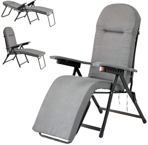 Tomaino -Sedia Sdraio Imbottita per Interno ed Esterno Con Poggiapiedi - Poltrona Relax Reclinabile fino a 180° Gradi con Morbido Cuscino - Pieghevole ideale per Casa, Giardino, Balcone (Grigio)