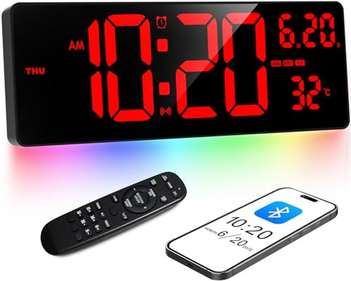 XREXS Reloj Digital de Pared con Bluetooth de 16,5, Sincronización Automática de la Hora, 6 Colores de Luces Nocturnas, Reloj con Auto-oscurecimiento con Calendario/Temporizador/Alarma