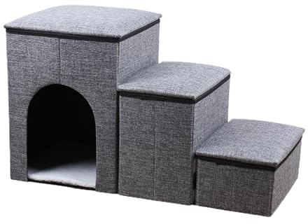 Hundsteg – 3 steg bärbar ramptrappor, förvaringslåda trappsteg | hopfällbara husdjurstrappor med förvaringslåda och lägenhet, hög sängsäkerhet husdjursramp trappor, halkfri hundramp för valp, katt