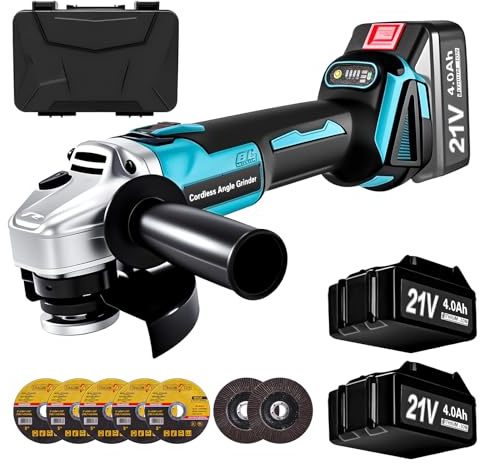Aslsouti Cordless Angle Grinder for Makita 18V 21V Battery, 2x 4.0Ah Battery & Charger Power Grinder Tool 9000RPM 3 Variable Speeds Brushless Metal Grinder for Cutting Grinding Polishing