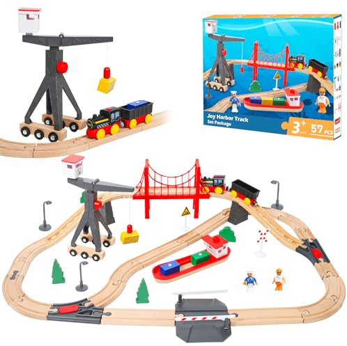 LZDMY Holzeisenbahn Set Zug Kinder, 57 Stück Elektrische Eisenbahn aus Holz Kompatibel mit Brio- Holzschienen, Holzzug Spielzeug für 3 4 5 6 Jahre alt Spielzeugeisenbahn Geschenk für Junge & Mädchen