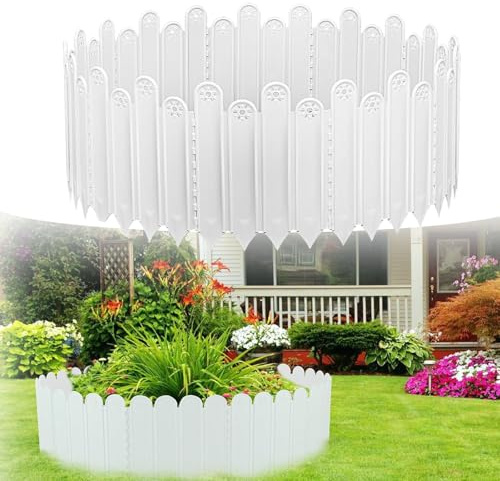 Rasenkante Beeteinfassung, 2m Rollborder Rasenkante Palisade Gartenzaun, Rasengitter Kunststoff, Einfach einschlagen, Keine Gräben ausheben (Weiß, Height: 25cm)
