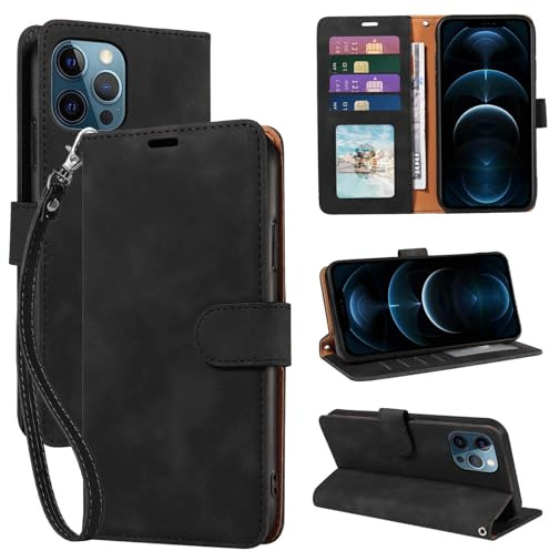 GOTOURED for iPhone 12 Pro Max Case Wallet, RFID Blocking Card, Black | 4 Card Slots, Wrist Strap, Soft PU Leather Flip Cover, Kickstand, Cash Pocket, Magnetic Closure, TPU Shell Protective