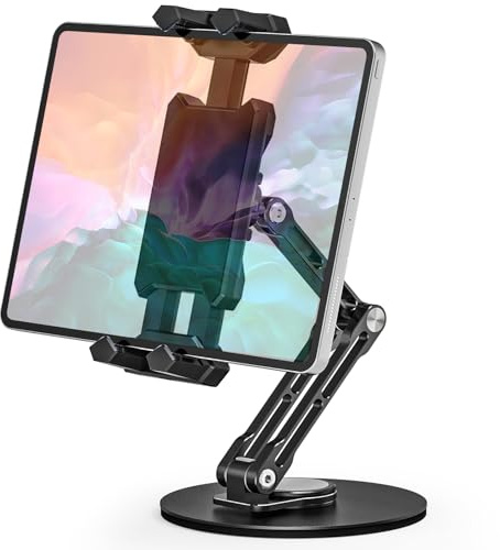 Nakelulu Aluminio Soporte para Tablet, Soporte Tablet Mesa Giratorio de 360°, Soporte iPad Movil Escritorio Plegable, Compatible con iPad Mini, Pro y Tablets de 4,7 a 13,5 Pulgadas