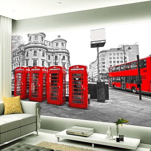 Fotomurales Decorativos Pared Londres 250x175 cm Papel Pintado Tejido No Tejido Construcción de Cabina Telefónica Retro Fotomural 3D Mural Paredes Papel Tapiz Decoración Salón o Dormitorio a.8843