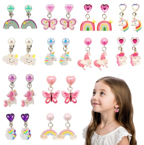 ZILZUFA 12 Paires Boucles d'oreilles Clip Fille Enfants, Licorne Mignon Arc-en-Ciel Non Piercing Boucles d'oreilles Princesse Bijoux Accessoires Fête Anniversaire Cadeau