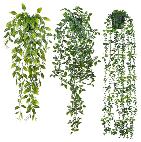 RECUTMS 3 Packs Artificial Trailing Plants with Pot Small Fake Hanging Ivy | Durable and Realistic,Potted Greenery,Shelf Vine,3.5*3.1in Pot,Diy Filler Decorations,Real Touch,Outdoor Wedding Party Decor