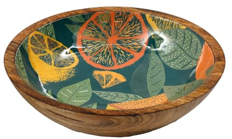 Carousel Home Teal Citrus Zest Wooden Enamel Bowl | Mango Wood Salad Fruit Bowl | Decorative Serving Dish - 25cm