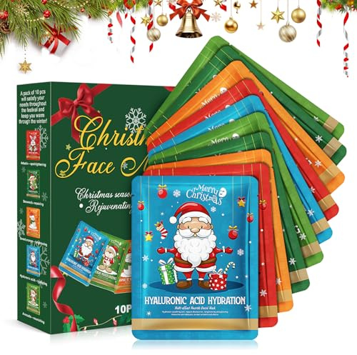 Masque Hydratant Visage, 10 PCS Masque Tissu Visage, Masque Visage Noel, Coffret Masque Visage Femme, Nourrissant et Réparateur, Hydratant en Profondeur, Cadeauidéal pour vos Proches