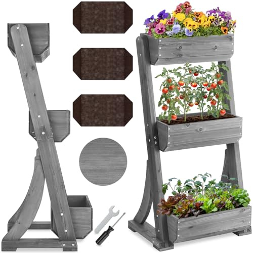 tectake® Jardinière Verticale 3 étages, 60x49x140 cm, Bois de Sapin laqué | Résistant aux intempéries, conception peu encombrante, max. 20 kg par étage, drainage, toile de plantation incluse, gris