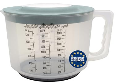 mucHome 3in1 Messbecher 2L Rührbecher mit Spritzschutz, Verschlussdeckel und Ausgießer - Rührschüssel aus Kunststoff mit gummierter Boden zum Kochen und Backen - Qualitätsprodukt aus Europa (Grün)