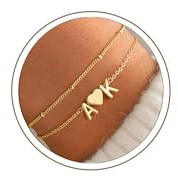 Turandoss Herz Armband mit Buchstaben Damen Gold, 14K Vergoldete 2 Buchstaben Armband Herz Armbänder Damen, Geschenke für Frauen Teenager Mädchen Freundin Mama Schmuck