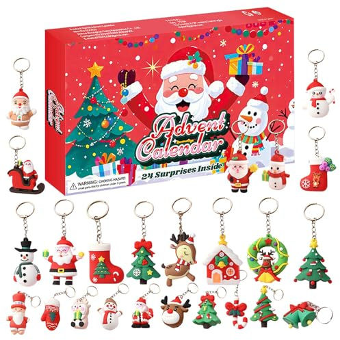 Calendario dell'Avvento natalizio 2025, portachiavi, regalo per bambini con conto alla rovescia di 24 giorni, con 24 ornamenti natalizi per albero