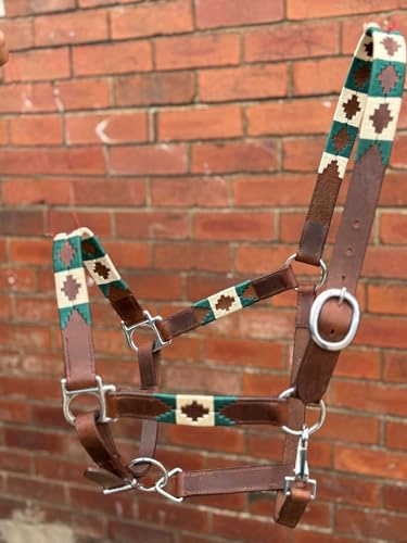 Leather Polo Headcollar, Handmade Embroidered Pattern, Brown with Adjustable Straps, Oil Pull-up Leather (Green/Ivory, Full)