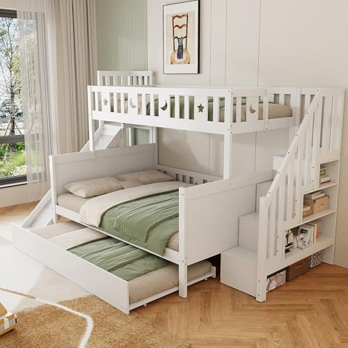 NADEUSAK Letto a castello in legno massiccio, 90 x 200/140 x 200 cm, con scivolo e ripiano con gradini di sicurezza, letto a rotelle e rete a doghe, bianco