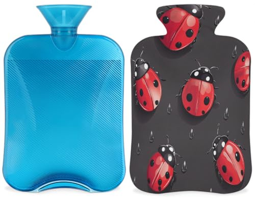 Entemne 2L Hot Water Bottle Water Drop Ladybugs Hot Water Bag with Cover Reusable Therapy Bag for Pain Relief Menstrual Cramps, Muscle Soreness Winter Warmth Gift