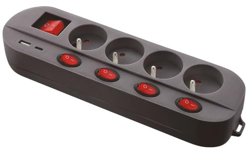 Gefom - Regleta (4 enchufes 16A+T, 5 interruptores, Cargador USB C y A, Carga rápida, Cable de 1,5 Metros, Color Negro