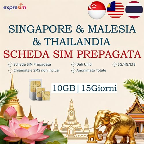 Scheda SIM Prepagata Malesia/Singapore/Thailandia | 10 GB per 15 Giorni | Pacchetto senza contratto e senza registrazione | Anonimato totale completo | SIM dati esclusiva | Scheda mobile 5G 4G