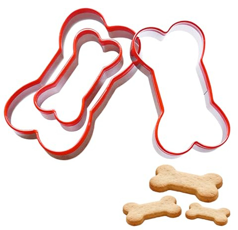 Cute Bone Shaped Cookie Cutter Set 3PCS Stainless Steel Scone Cutters Dog Bone Biscuit Mould Pastry Cutter for DIY Kitchen Baking Cake Fondant Decoration with Red PVC Edge