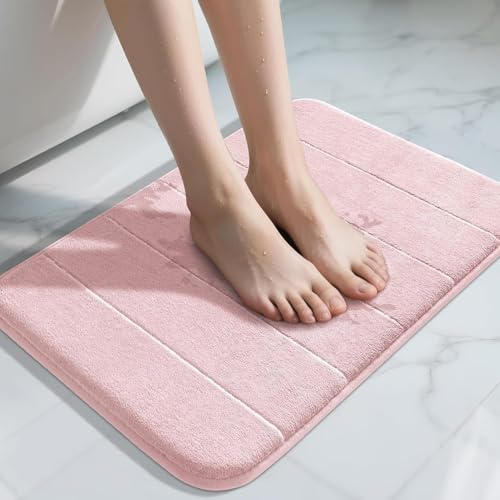 Yimobra Memory Foam Bath Mat, Soft and Comfortable, Super Water Absorption, Non-Slip, Thick, Machine Wash, Easier to Dry for Bathroom Floor Rug, 43 x 61 cm, Pink